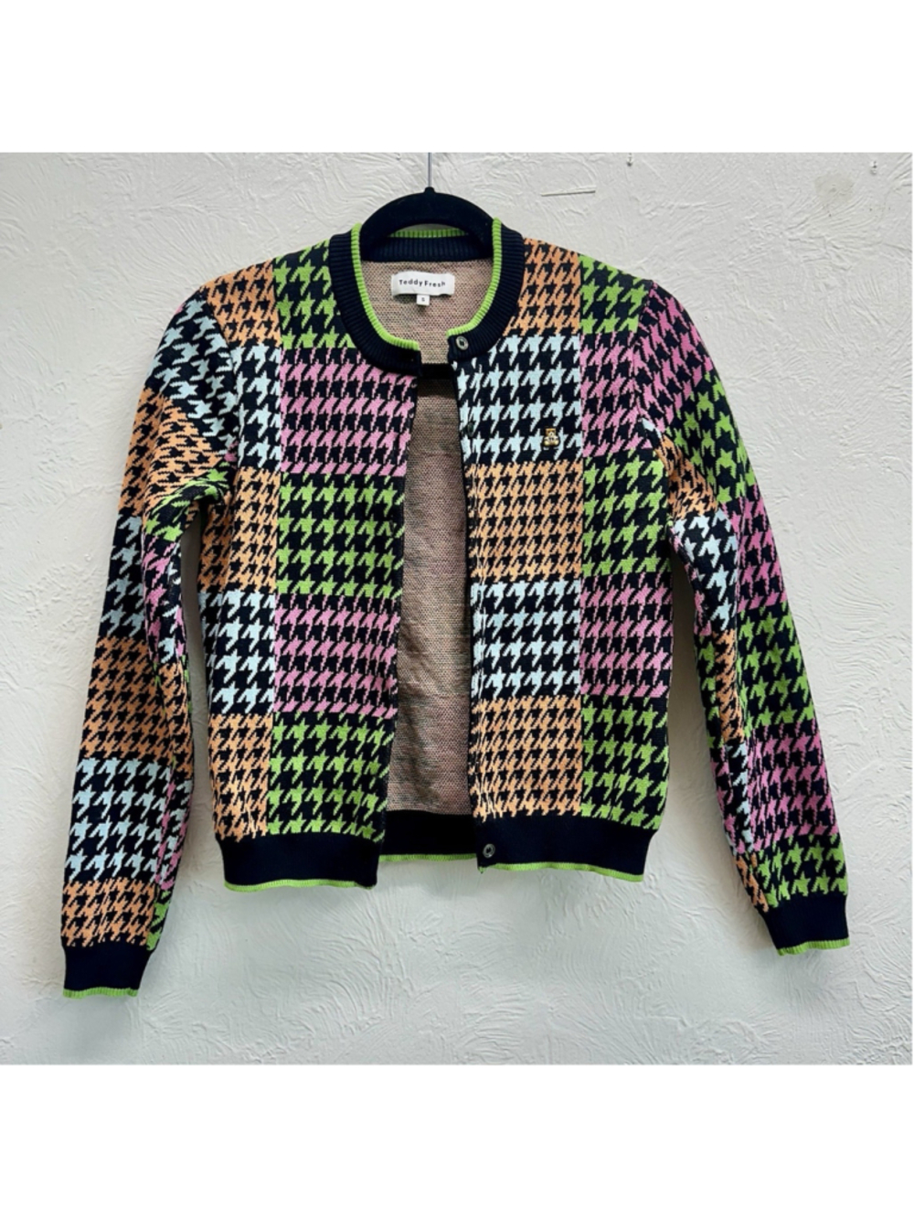 Teddy Fresh S Neon Color block Houndstooth Button Front Cotton Cardigan Sweater